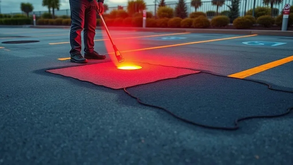 Crew member using a heating tool on an asphalt patch repair in a commercial parking lot, an example of asphalt repair in Spokane, WA