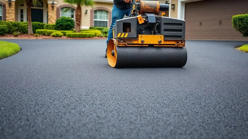 Walk-behind roller compacting a new asphalt surface on a residential driveway during asphalt resurfacing in Spokane, WA