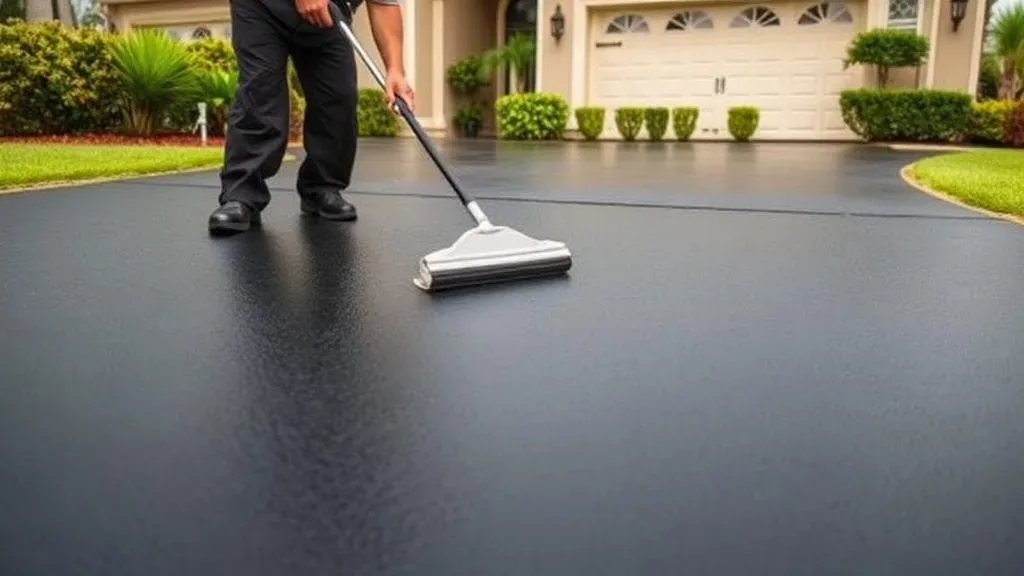 Crew member squeegeeing fresh black asphalt sealcoat onto a residential driveway, an example of asphalt sealcoating in Spokane, WA