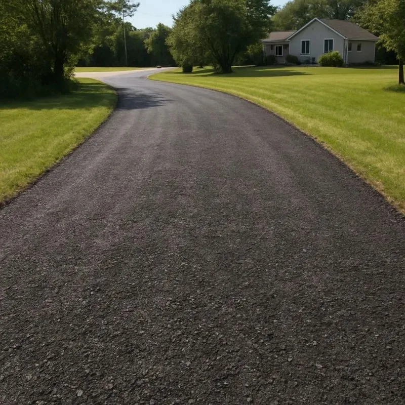 Newly paved asphalt driveway curving toward a country home, an example of driveway paving in Spokane, WA