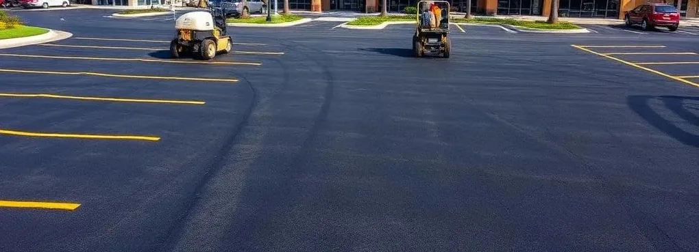 Freshly paved and striped commercial parking lot with new yellow stall lines, an example of parking lot paving in Spokane, WA