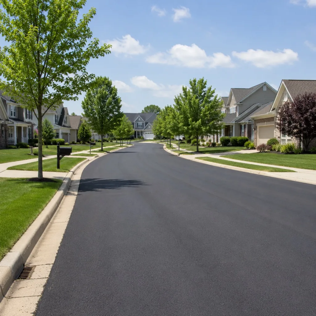 Newly paved neighborhood street with curb and gutter lined with homes and trees, an example of subdivision road paving in Spokane, WA